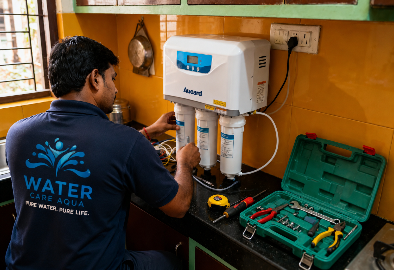 Water purifier service technician at work